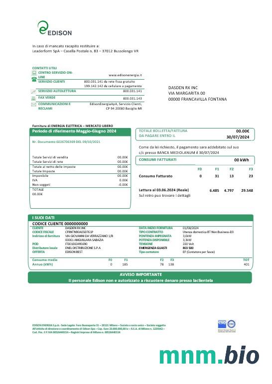 Włochy Edison rachunek za usługi komunalne szablon w formacie Word i PDF, dobre dla adresu udowodnić